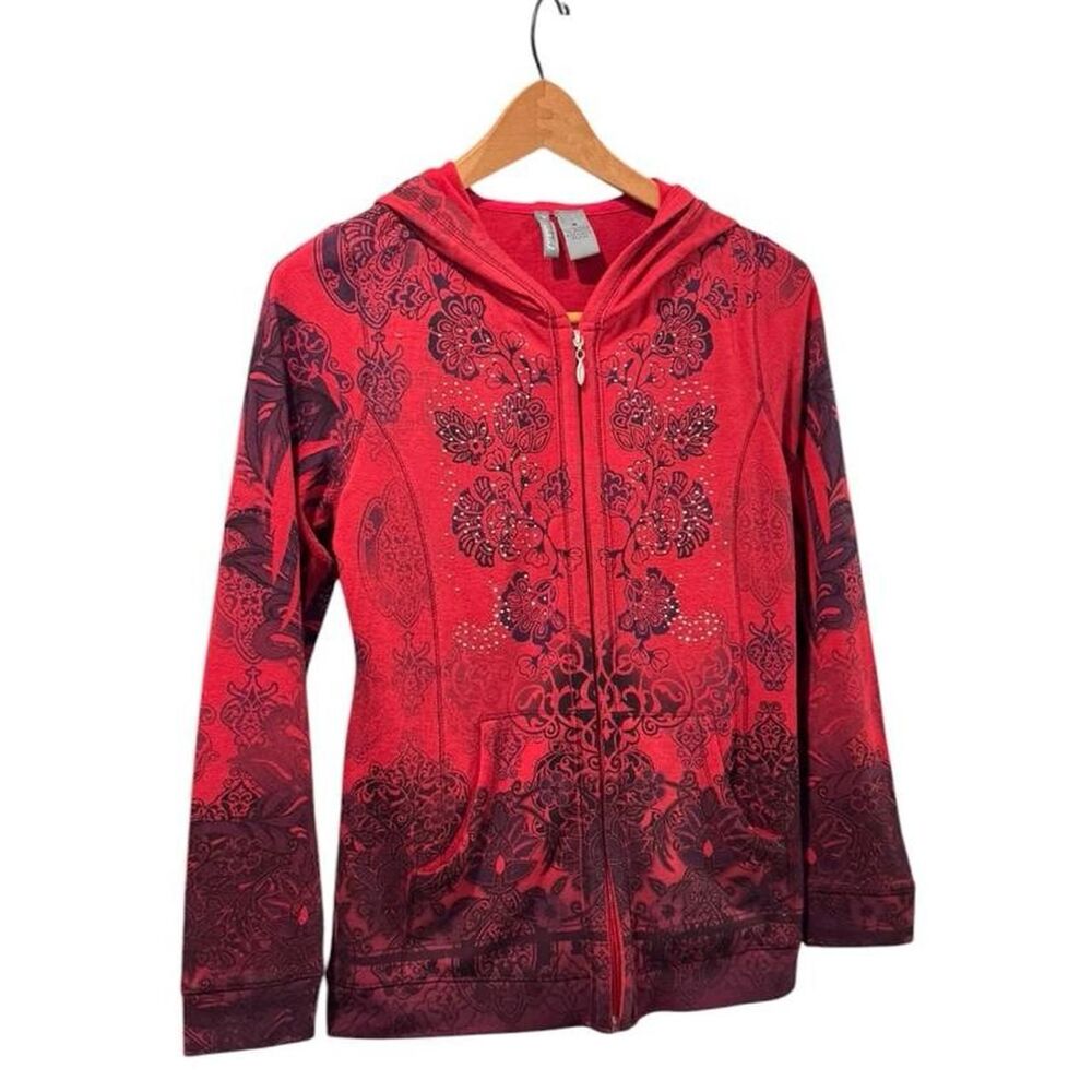 Y2K New Directions Red Black Zip Up Hoodie Dark Red Floral Paisley Design Size S